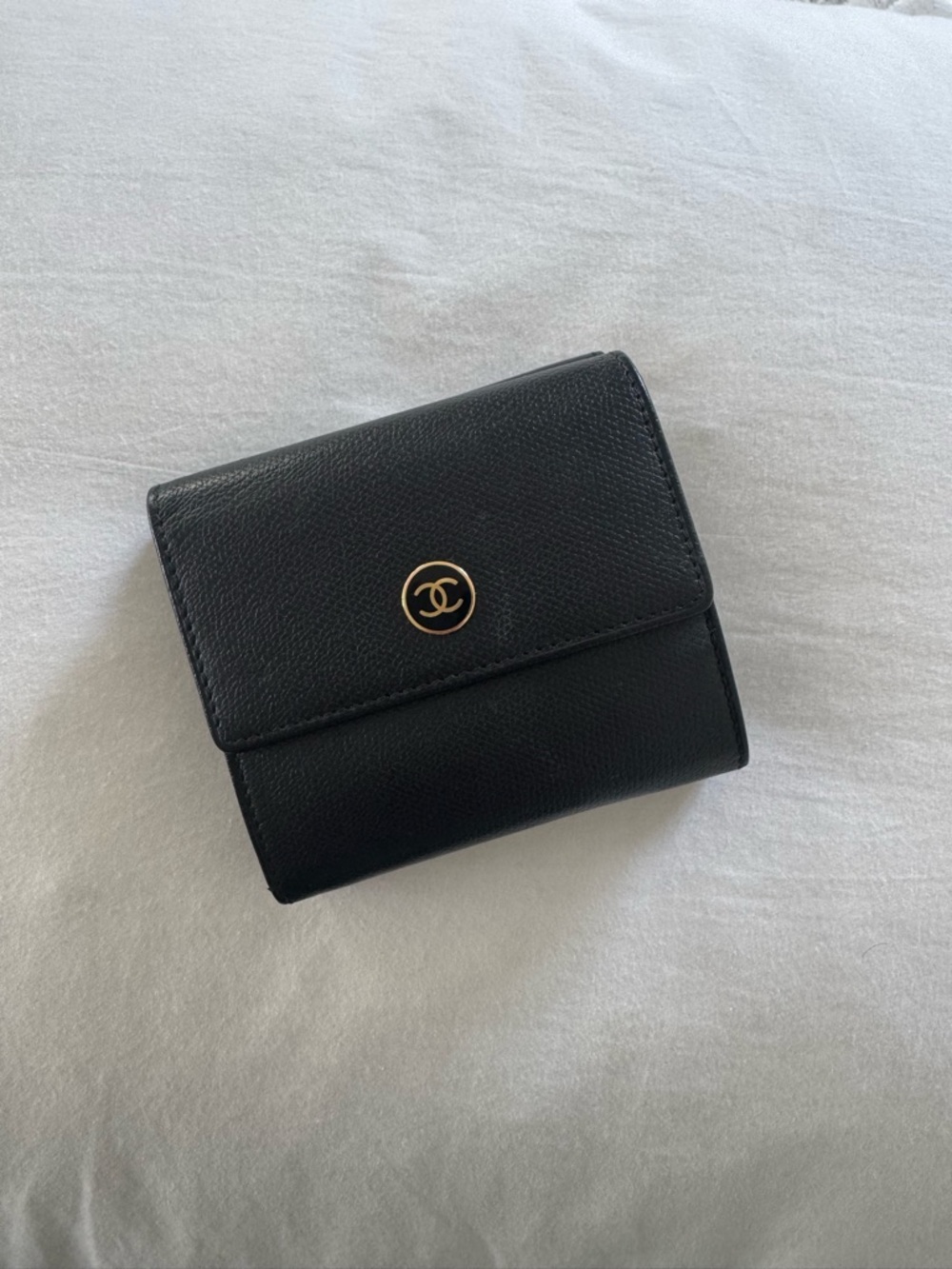 CHANEL Black Leather Trifold Wallet with Gold CC Button